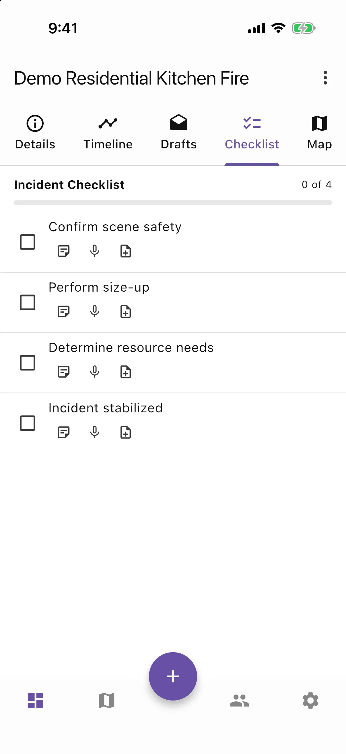 EchoResponse screen: Incident checklists
